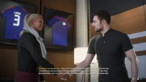 Das Bild zeigt im EA FC 25 Karrieremodus Mikel Arteta in Verhandlung mit Sarah Sol Mikström.